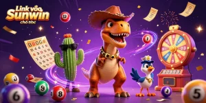 Engage with Link vào Sunwin chính thức through an exciting 3D casino illustration showcasing colorful lottery elements.