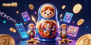 Experience man88's vibrant casino world with cartoon bears, crypto coins, and game elements.