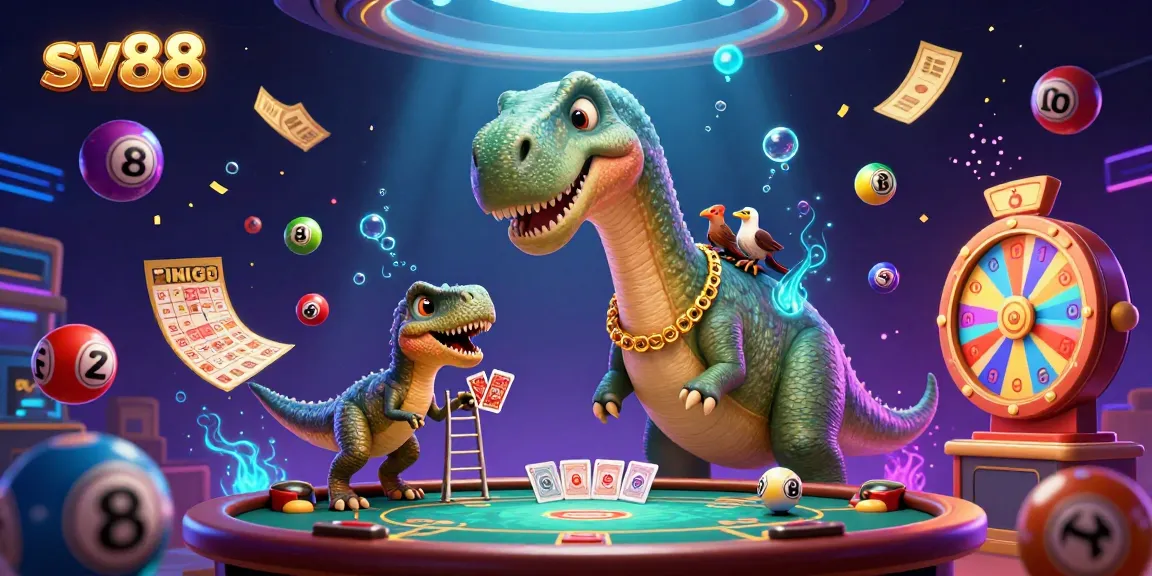Witness sv88's vibrant casino scene with a dinosaur dealer and colorful lottery elements.
