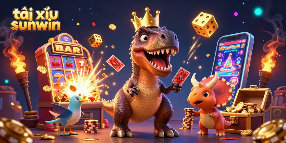 Tài xỉu sunwin gameplay illustrated with a friendly T-Rex, pterodactyl, and triceratops surrounded by vibrant casino elements.