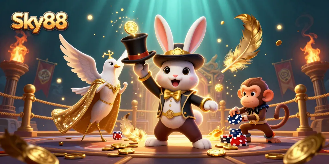 Sky88 magicians create winning spins with coins and poker chips in a vibrant, engaging casino scene.
