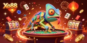 Xo88 chameleon casino owner with poker chips and gold coins in a vibrant 3D scene
