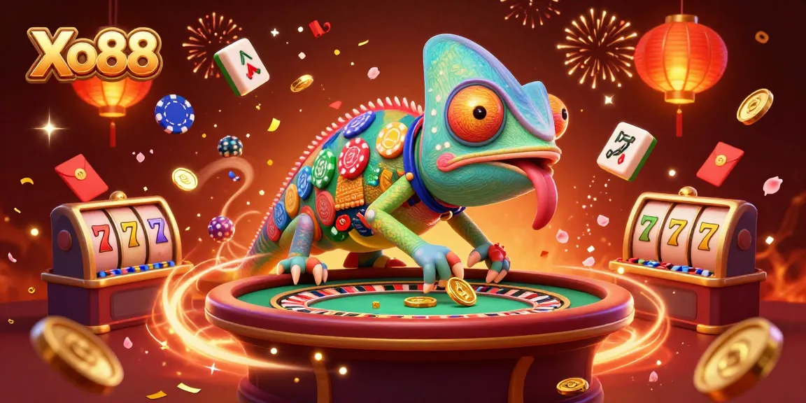Xo88 chameleon casino owner with poker chips and gold coins in a vibrant 3D scene
