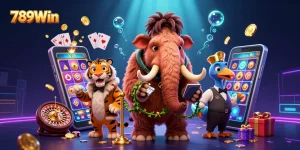 Experience the excitement of 789Win with cartoon characters enjoying lively casino games.