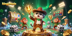 Explore kingjohnnie's treasure with a cat archaeologist and monkey in a vibrant casino scene.