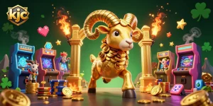 KJC offers immersive gambling adventures amidst a vibrant casino scene with a gold ram and arcade machines.