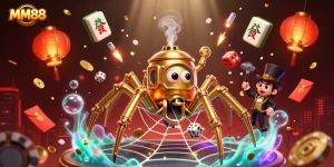 Engage in thrilling gameplay at MM88 amidst a vibrant steampunk casino scene featuring golden spider and flying gentleman.