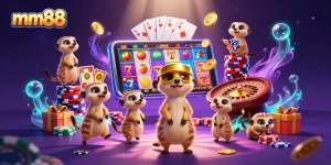 Experience the excitement of mm88 with meerkats managing a vibrant casino scene full of games and rewards.