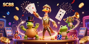 Experience thrilling wins at SC88 with vibrant casino characters amidst gold coins and poker chips.