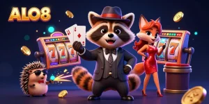 Experience ALO8's thrilling gaming world, featuring a raccoon, fox, and hedgehog in a dynamic casino scene.