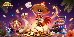 Win big at jokacasino with a vibrant 3D scene featuring gaming action and colorful elements.