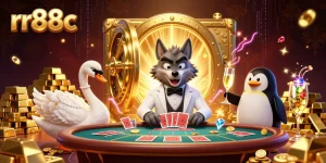 Experience winning excitement with rr88c featuring a debonair wolf and elegant characters in a dazzling casino.