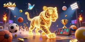 Experience thrilling wins at s666 with a neon-wireframe tiger in an energetic casino landscape.