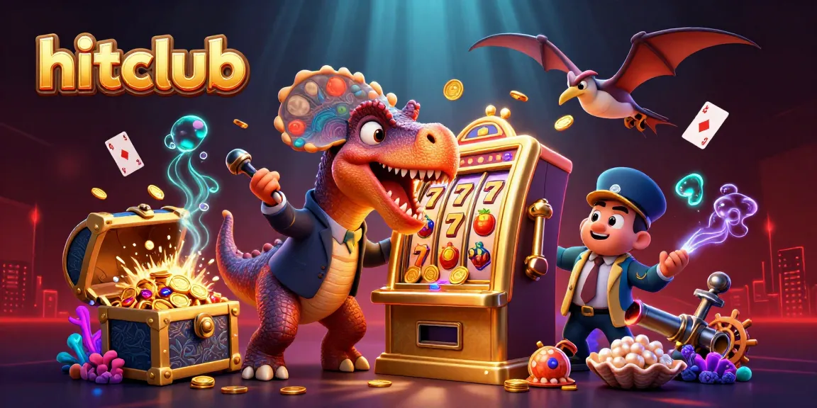 hitclub players enjoy a dynamic casino scene with dinosaurs, golden coins, and slot machine excitement.