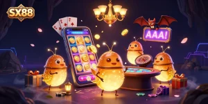 SX88 glowworms illuminate a vibrant cave casino, featuring dynamic slot games and neon effects.