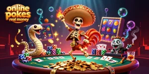 Experience the excitement of online pokies real money with dynamic characters celebrating casino wins.