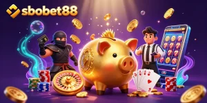 Join sbobet88 as the golden piggy bank sumo wrestler stomps for thrilling winnings!