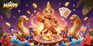 Engage in thrilling games at MM99 with a vibrant 3D casino illustration showcasing golden guardians and rewards.