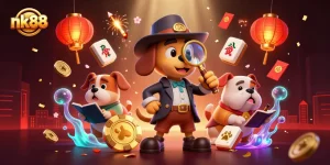 Play and win with nk88 in an adventurous casino illustration featuring lucky elements and treasures.