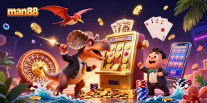 man88 players winning jackpots, featuring animated dinosaur interacting with casino elements.