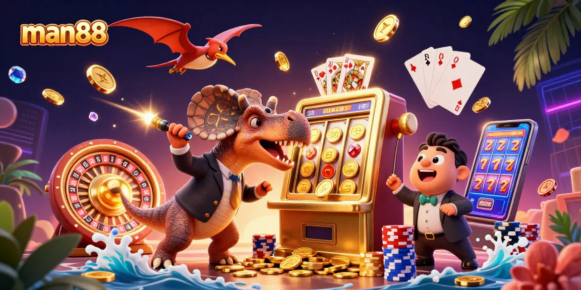 man88 players winning jackpots, featuring animated dinosaur interacting with casino elements.