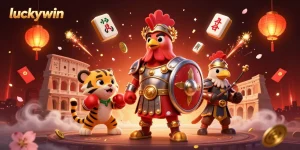luckywin's thematic illustration showcasing a gladiator rooster in a vibrant casino-related scene filled with gold elements
