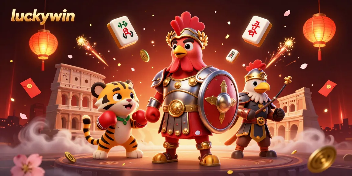 luckywin's thematic illustration showcasing a gladiator rooster in a vibrant casino-related scene filled with gold elements