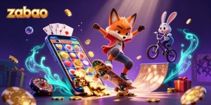 zaobao brings excitement as the skateboarder fox and BMX rabbit showcase gaming tricks in a vibrant casino scene.