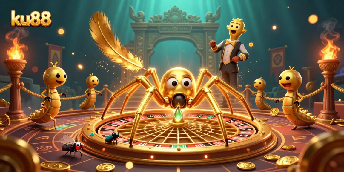Bet on ku88 with the golden spider betting at the roulette wheel in this 3D casino scene.