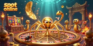 Experience thrilling slot online action with a golden spider, roulette wheel, and croupier in an exciting casino atmosphere.